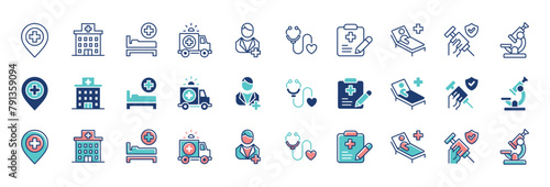 set of hospital health icon vector collection medical life patient care treatment signs illustration for web and app template design