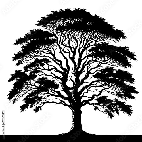 Silent Giants: Black Vector Elm Tree Silhouette, Nature's Majestic Sentinels Amidst Night's Shadow- Elm Illustration- Elm Vector Stock.