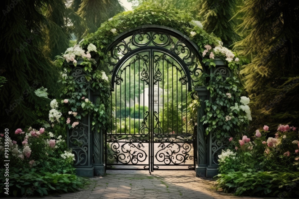 Obraz premium Garden Gate Elegance: If there's a gate, use it as a frame for the decor.
