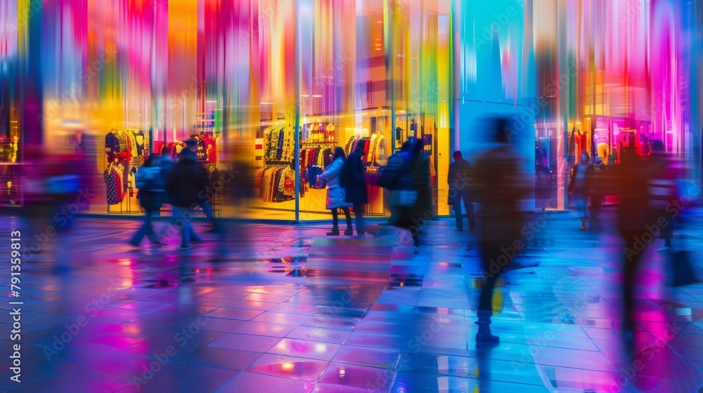 A sea of blurred figures in front of vibrant boutique windows creating an abstract backdrop for the shopping district. .