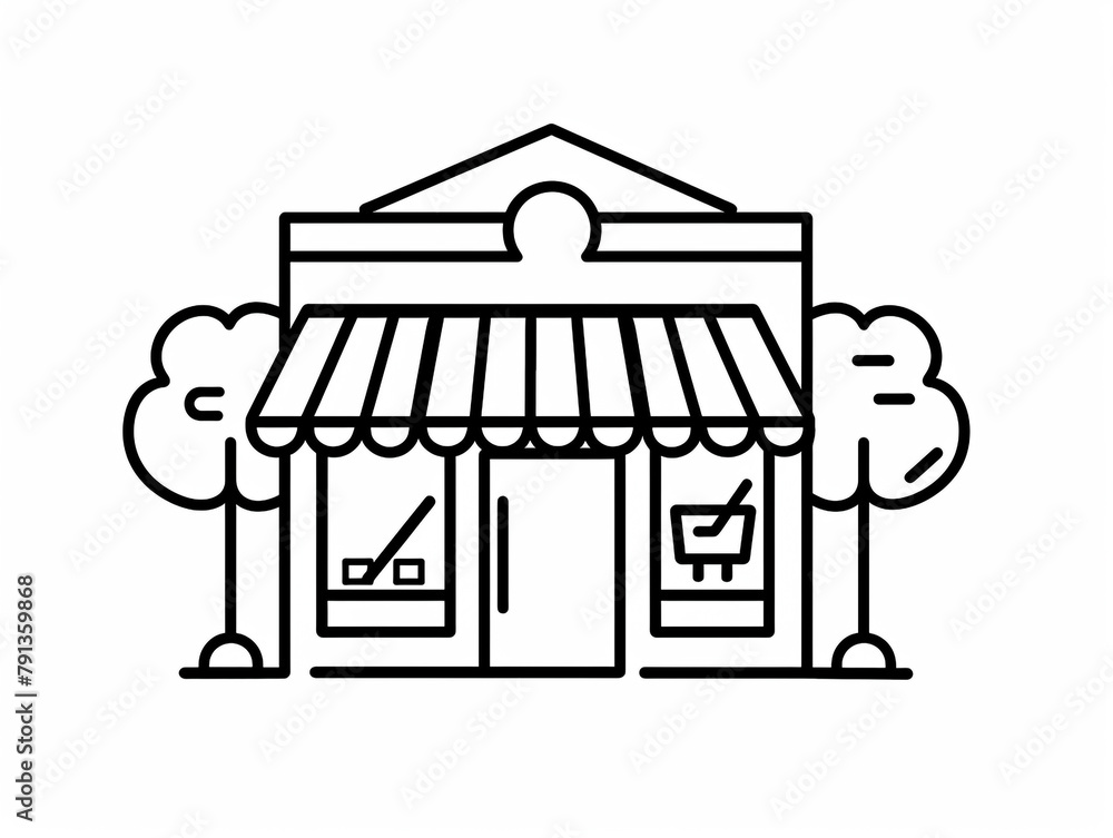 Naklejka premium Outline icon of small storefront facade. Black line on white background. 