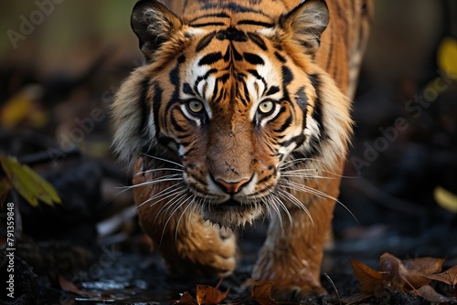 The tiger moves through the swamp, the tiger is in hunting mode. photo