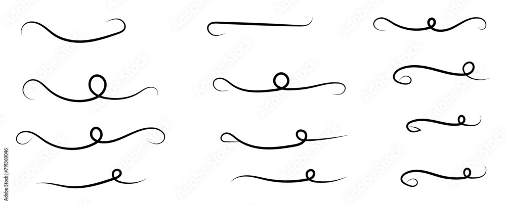 Swoosh and swoops double underline typography tails shapes set. Brush drawn thick curved smears. Hand drawn collection of curly swishes, swashes, squiggles, set. Vector calligraphy doodle swirls. Swoosh and swoops double underline typography tails shapes set. Brush drawn thick curved smears. Hand drawn collection of curly swishes, swashes, squiggles, set. Vector calligraphy doodle swirls.