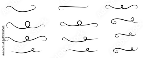 Swoosh and swoops double underline typography tails shapes set. Brush drawn thick curved smears. Hand drawn collection of curly swishes, swashes, squiggles, set. Vector calligraphy doodle swirls.