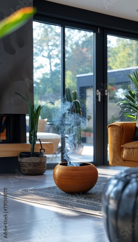 A stylish and unique copper-colored humidifier sits on a gray rug in a living room. photo