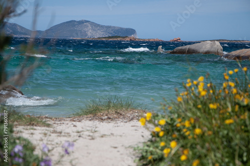 Scenic view of Sardinia Vacche beach with Marconi station promontory in the background photo