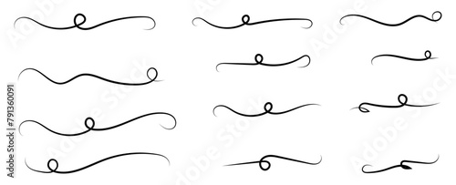 Swoosh and swoops double underline typography tails shapes set. Brush drawn thick curved smears. Hand drawn collection of curly swishes, swashes, squiggles, set. Vector calligraphy doodle swirls.