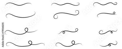 Swoosh and swoops double underline typography tails shapes set. Brush drawn thick curved smears. Hand drawn collection of curly swishes, swashes, squiggles, set. Vector calligraphy doodle swirls.