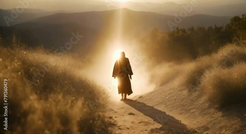 Silhouette of Jesus Walking in the Wilderness: Low-Angle Shot with Sunlight Illuminating the Scene