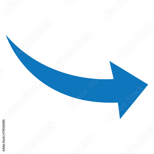 Sharp curved blue arrow icon. Arrow illustration pointing down. Counterclockwise direction pointer