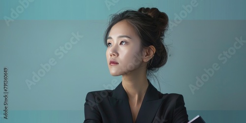 Professional front view, Asian women, a folder in hand, Korean Style, updo hair, black suit, 30 years old, photo