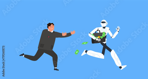 businessman chases a robot thief stealing briefcase  with money vector illustration