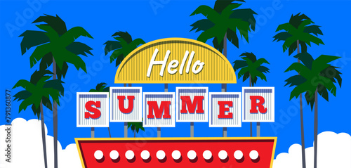 hello summer retro sign palm trees on sky background vector illustration banner poster print design
