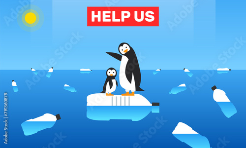 penguins on floating plastic bottle ocean pollution help us text ecology problem vector illustration © tarikdiz