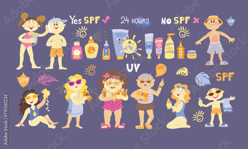 Beauty Girl, chidren fnd seniors take Care of her Face, Body and Use Facial Sunscreen Cream with Spf Protection. Woman Applying Sunblock Product. Sun Protection Skincare. Flat Vector Illustration and 