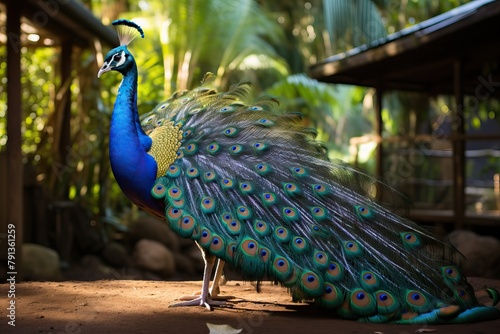 Blue peacock, common peacock Pavo cristatus. A beautiful peacock walks freely with its tail half closed.