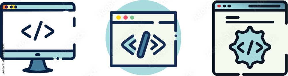 Set of flat coding website, pc code icon, vector illustration.