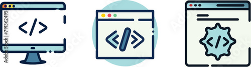 Set of flat coding website, pc code icon, vector illustration.