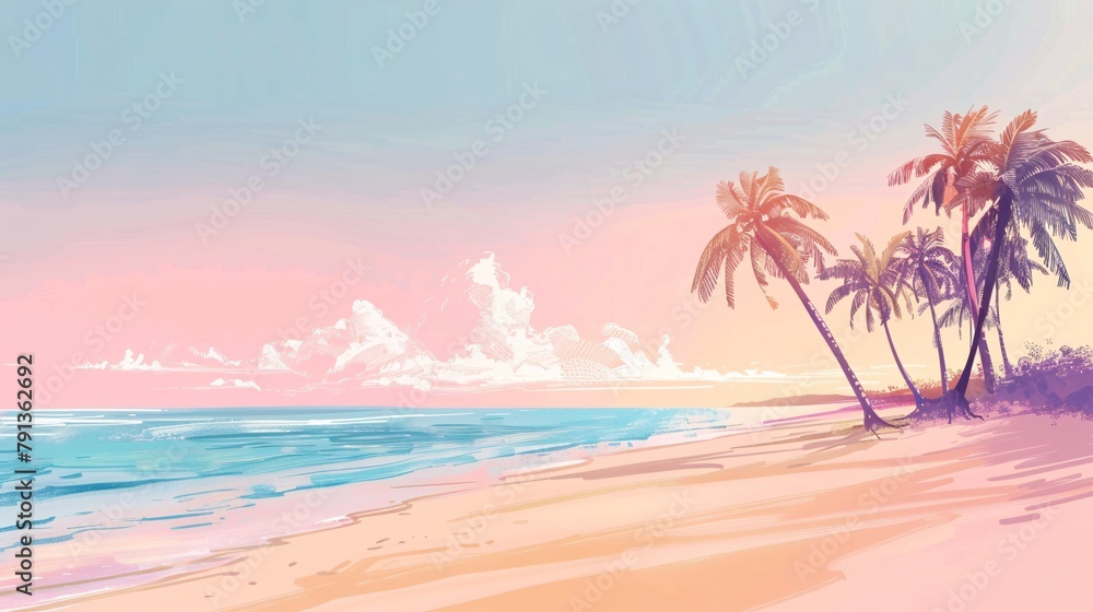 Tropical beach drawing in pastel colors, minimalist style. Background for summer holiday and travel vacation concept.