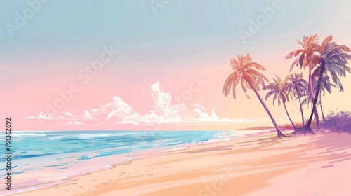 Tropical beach drawing in pastel colors, minimalist style. Background for summer holiday and travel vacation concept.