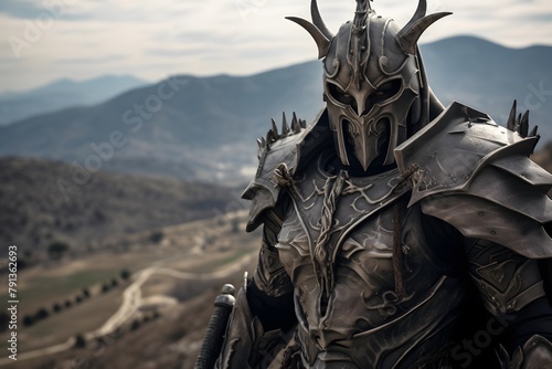 Panoramic view of a medieval knight in armor on the background of the mountains photo