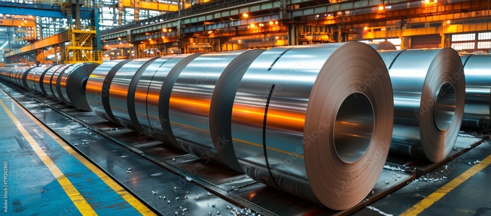 Dynamic scene in a steel rolling mill, rolls of sheet metal reflecting the glow of molten steel nearby, a testament to enduring industry Dynamic scene in a steel rolling mill, rolls of sheet metal reflecting the glow of molten steel nearby, a testament to enduring industry
