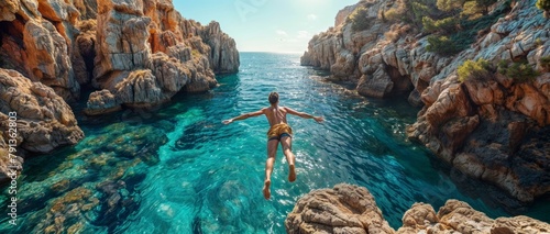 Aerial view of young man jumping into turquoise sea water