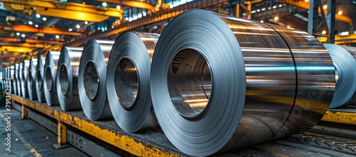 Rolls of galvanized steel sheet inside the factory or warehouse. Close-up of heavy rolled steel in a production plant photo