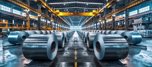Panoramic view of an industrial steel manufacturing plant, rolls of sheet metal lined up, ready for production under cool fluorescent lights photo
