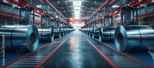 Precision-cut rolls of sheet metal in a high-tech factory setting, showcasing the sleek and modern side of steel production photo