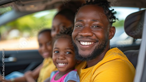 A black African America family embarking on a journey together, comfortably seated inside a car