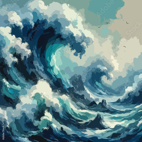 Big wave in a raging sea. A strong storm in the ocean. Big waves. Blue tones. The power of raging nature. Seascape, artwork. Vector illustration design