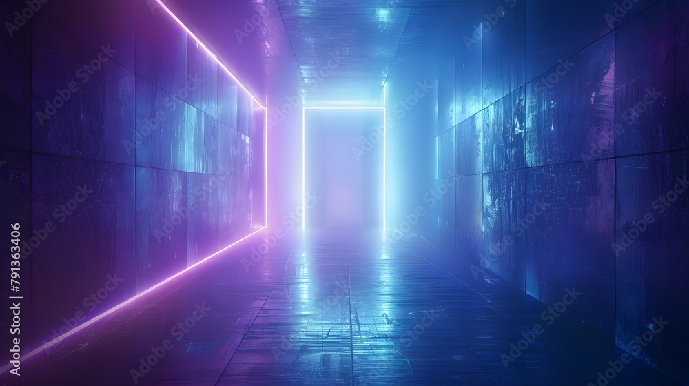 Abstract door in tunnel with digital data center light signals. Future computer technology concept of cyber gate in cyberspace or metaverse. Fantasy cyber door or portal in data center. Tech banner. Abstract door in tunnel with digital data center light signals. Future computer technology concept of cyber gate in cyberspace or metaverse. Fantasy cyber door or portal in data center. Tech banner.
