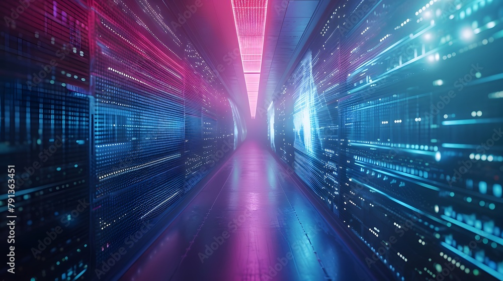 Abstract door in tunnel with digital data center light signals. Future computer technology concept of cyber gate in cyberspace or metaverse. Fantasy cyber door or portal in data center. Tech banner. Abstract door in tunnel with digital data center light signals. Future computer technology concept of cyber gate in cyberspace or metaverse. Fantasy cyber door or portal in data center. Tech banner.