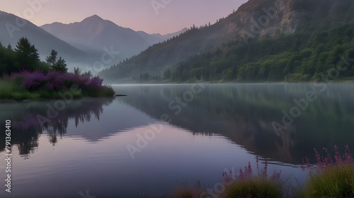 Lilac fog at dawn in the mountains, a lake at the foot of the mountains, trees and shrubs.generative.ai