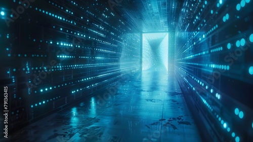 Fototapeta Naklejka Na Ścianę i Meble -  Abstract door in tunnel with digital data center light signals. Future computer technology concept of cyber gate in cyberspace or metaverse. Fantasy cyber door or portal in data center. Tech banner.