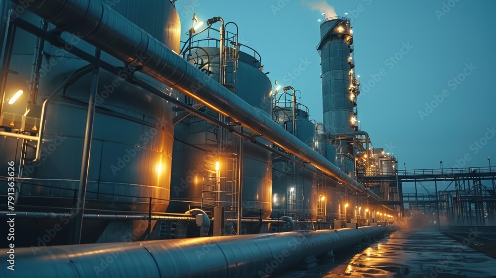 Oil refinery and plant and tower column of Petrochemistry industry in oil and gas industrial with cloud orange sky sunrise background Oil refinery and plant and tower column of Petrochemistry industry in oil and gas industrial with cloud orange sky sunrise background