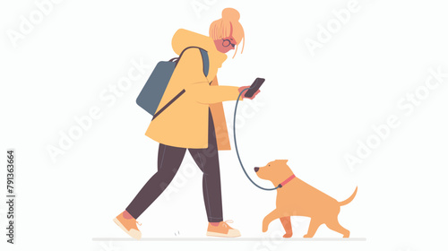 Woman isolated walks with a dog and looks into the smartpho