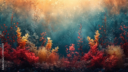 An underwater paradise unfolds with a vivid coral reef basking in the sunlight that filters through the ocean's surface, teeming with marine life. Underwater botanical scene with seaweed