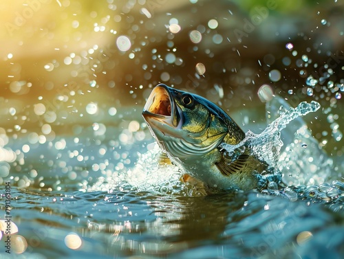 Beautiful brown trout in the water with splashes of water. photo