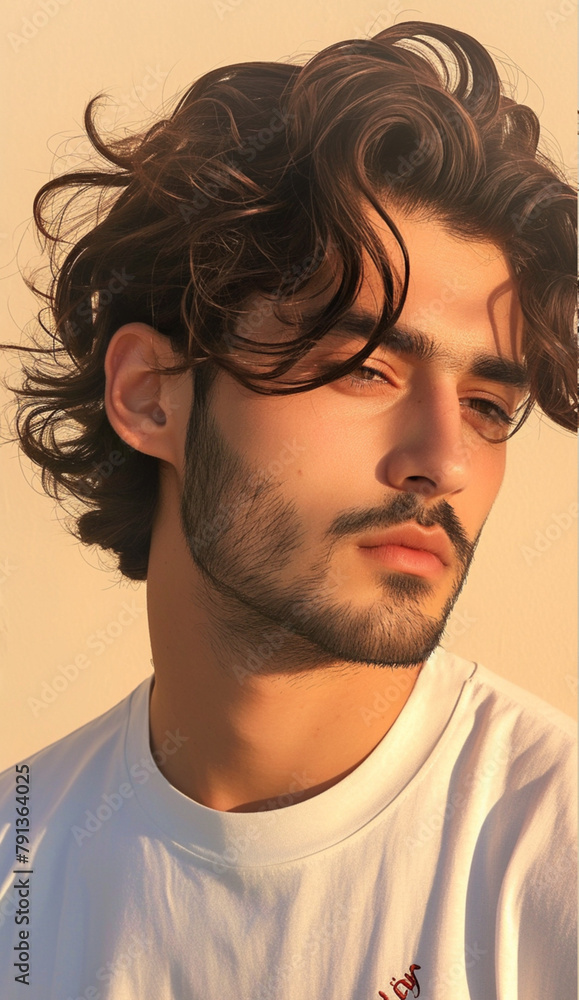 Fototapeta premium handsome middle eastern man wearing white levis tshirt clean shaven, light brown eyes, medium length hair 