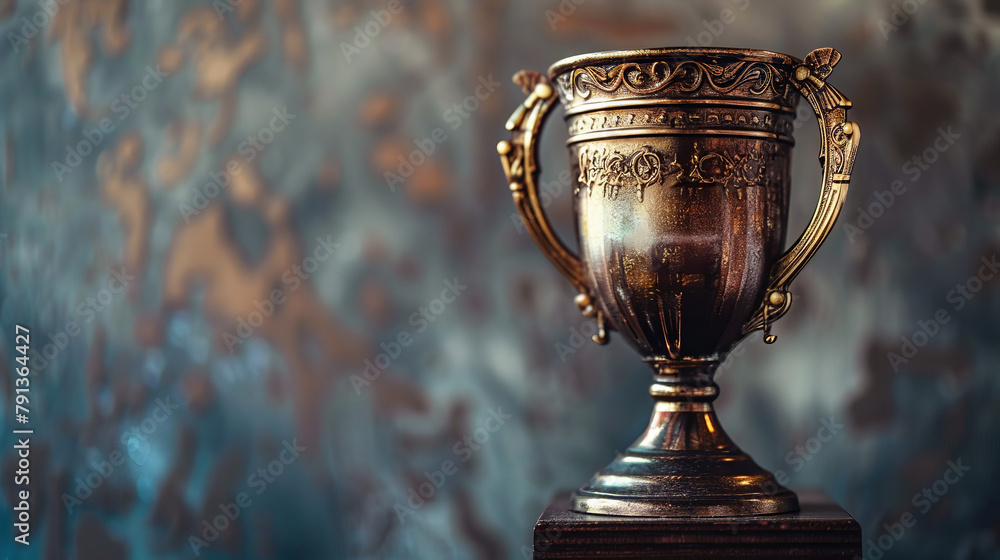 A silver trophy sits on a wooden base A silver trophy sits on a wooden base