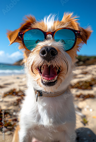 Happy dog is wearing sunglasses on the beach © Анна Терелюк