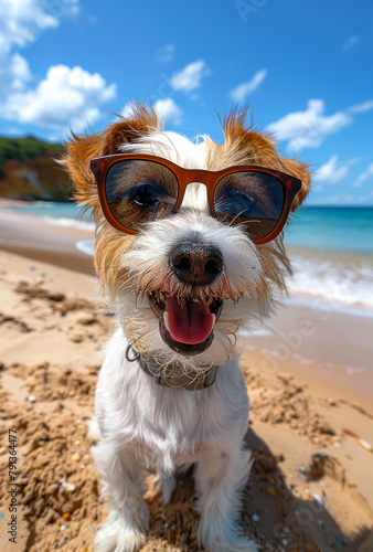 Happy dog wearing sunglasses at the beach