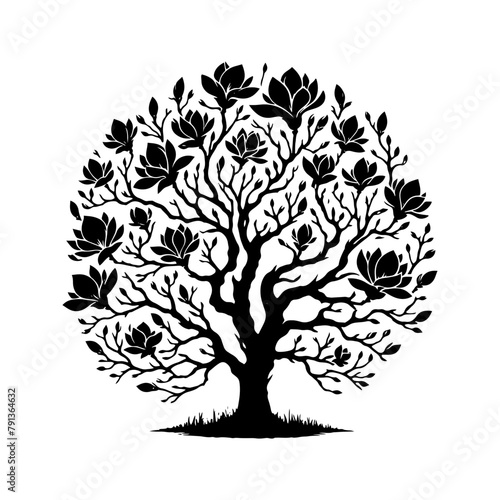 Black Vector Magnolia Tree Silhouette, Nature's Elegance Flourishing Under Moon's Glow- Magnolia Tree Illustration- Magnolia Tree Vector Stock.