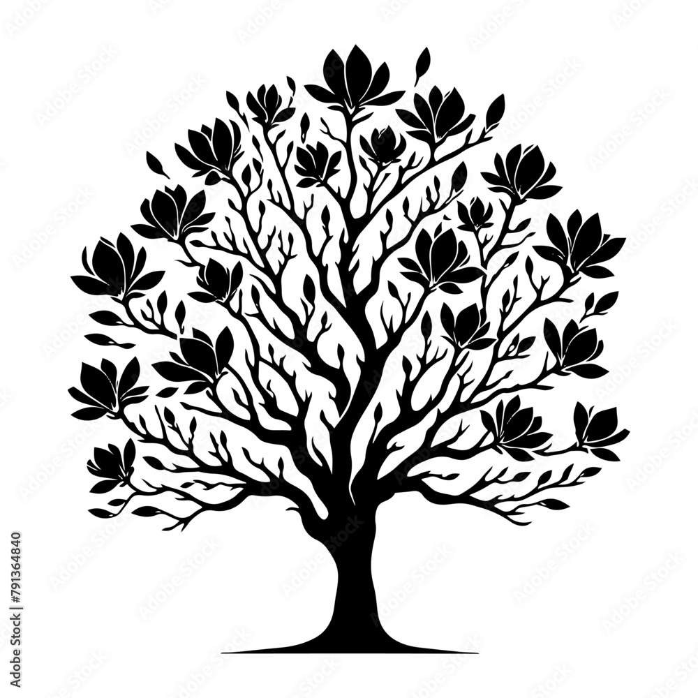 Obraz premium Black Vector Magnolia Tree Silhouette, Nature's Elegance Flourishing Under Moon's Glow- Magnolia Tree Illustration- Magnolia Tree Vector Stock.
