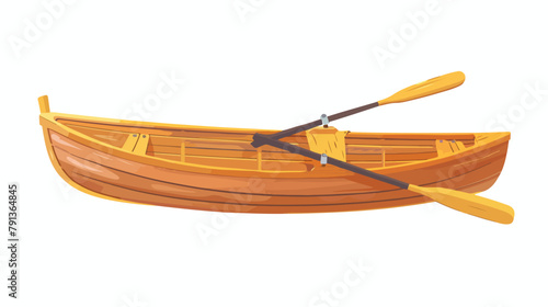 Wooden rowing boat with paddle. Water transport lake