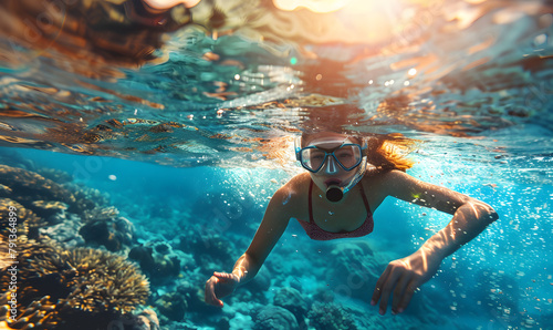 An azure water swimmer explores coral reef ecosystem underwater photo