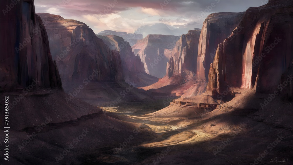 a picture of a canyon with a river and mountains in the background.