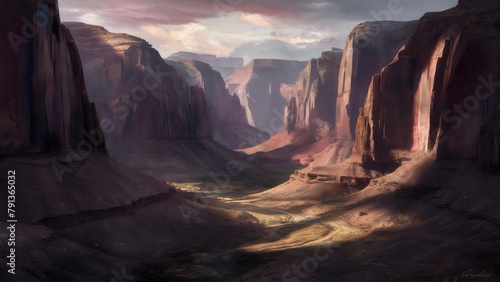 a picture of a canyon with a river and mountains in the background. photo